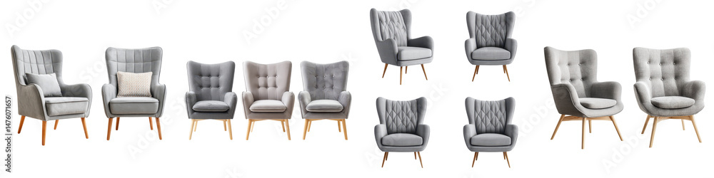 Fototapeta premium Stylish Gray Armchairs with Wooden Legs - Perfect for Modern Living Rooms, Cozy Interiors, and Contemporary Decor