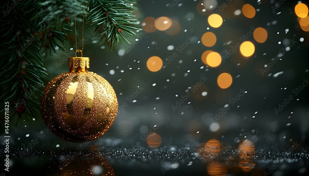 A golden ornament hangs from a pine branch, adorned with snowflakes against a bokeh background. Warm lights and falling snow create a festive winter scene A golden ornament hangs from a pine branch, adorned with snowflakes against a bokeh background. Warm lights and falling snow create a festive winter scene