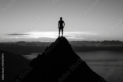 Silhouette of a person atop a peak, with cloudscape and distant lake in a black and white setting