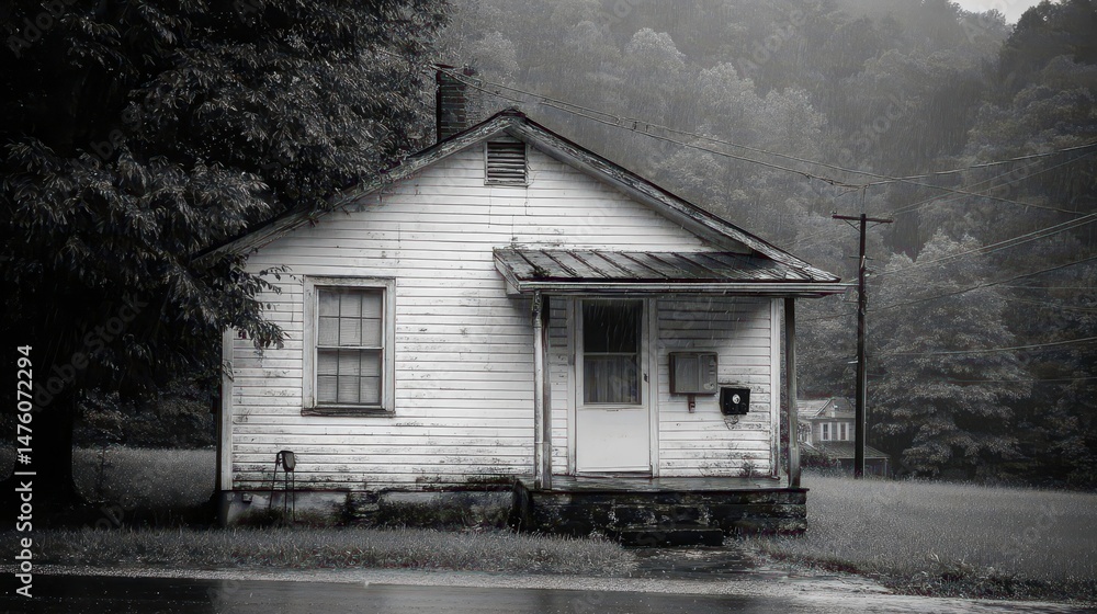 Obraz premium Gray, weathered home nestled in a misty landscape.
