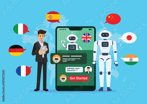Businessman is learning different foreign languages with chat bot