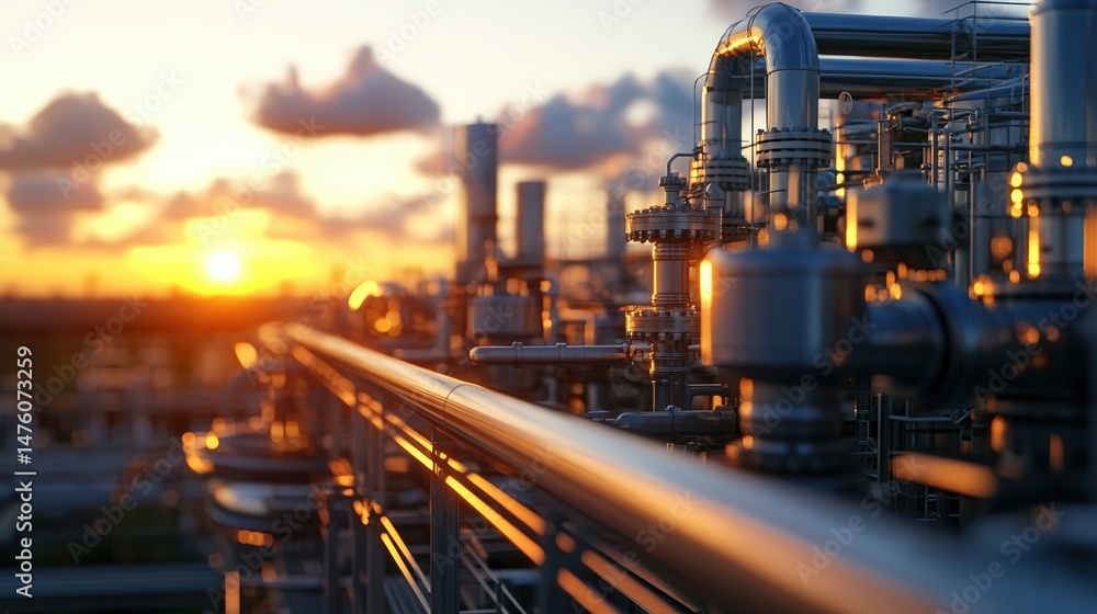 Naklejka premium Industrial pipelines and equipment reflect the warm glow of the setting sun at an oil and gas refinery.