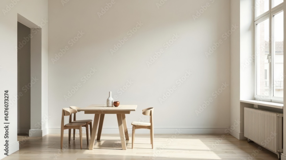 Fototapeta premium Minimalist dining area design with light wood table and chairs, showcasing a bright and airy interior
