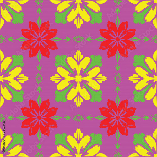 Seamless wallpapers, geometric flower patterns, pink background and red-yellow-green flowers express a fun, lively, vector-style mood.