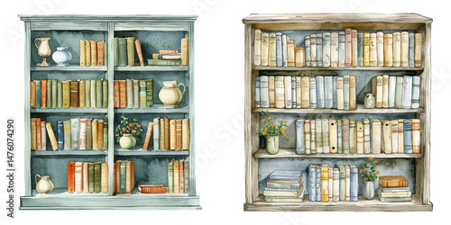bookshelf watercolor vector illustration