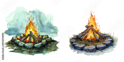 campfire watercolor vector illustration