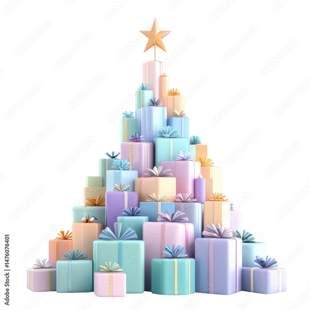 Holiday Gift Stack: An artful pile of vibrant gift boxes, arranged in the shape of a Christmas tree, topped with a shining star, signifying the festive season and the joy of giving.