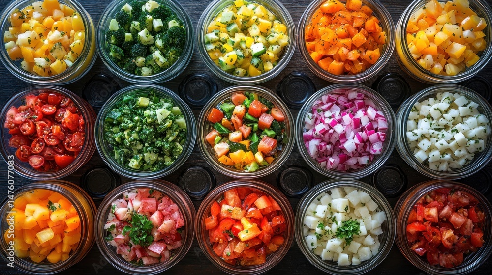 Colorful chopped vegetables in glass jars Colorful chopped vegetables in glass jars