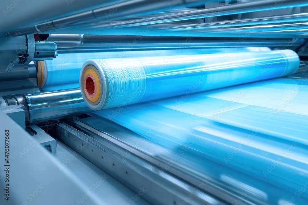Obraz premium Operation of a plastic bag production machine with lighting effects close up of the machine s roller in a light blue setting