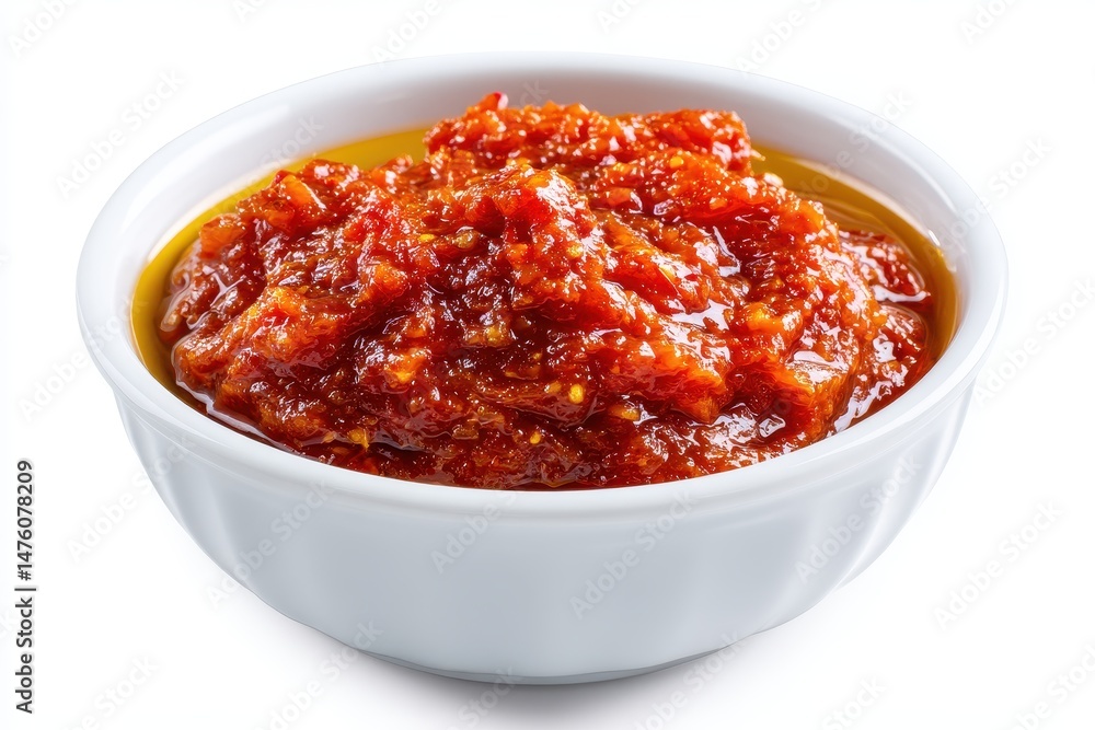 Orange vegetable spread made from bell peppers eggplants and oil served in a white bowl with marinara salsa chutney or lutenica Orange vegetable spread made from bell peppers eggplants and oil served in a white bowl with marinara salsa chutney or lutenica