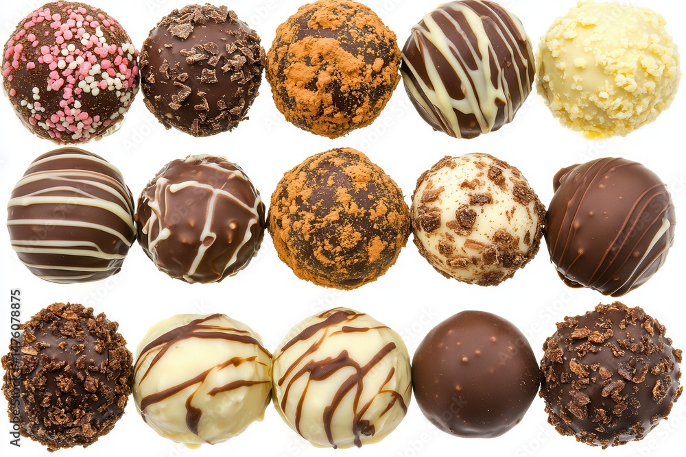 Assorted chocolate truffles arranged in a grid, showcasing various toppings and textures Assorted chocolate truffles arranged in a grid, showcasing various toppings and textures
