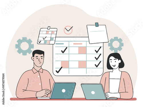 Business people working on a laptop at the office desk, a vector illustration concept