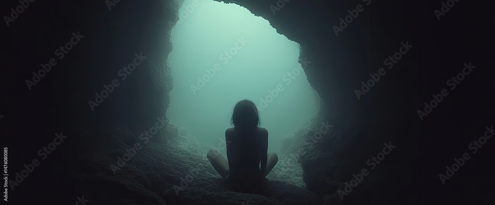 Fototapeta premium Woman meditates in a dark, underwater cave