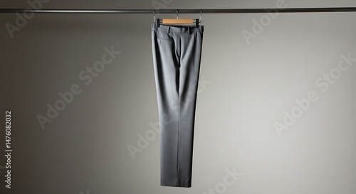 Gray dress pants hanging on a wooden hanger