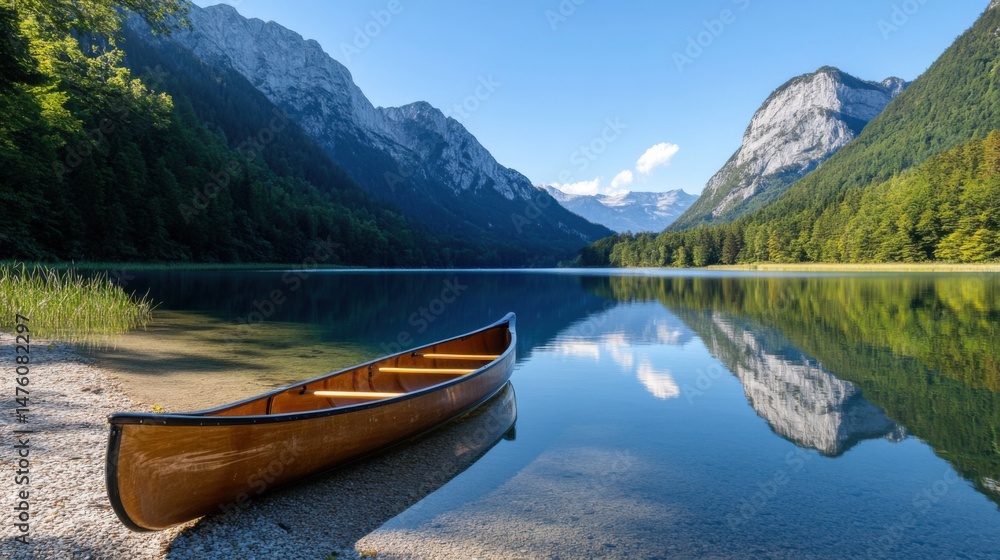 A wooden canoe rests quietly on the shore of a pristine lake, reflecting towering mountains and blue skies. Lush greenery surrounds the tranquil water, inviting peaceful exploration A wooden canoe rests quietly on the shore of a pristine lake, reflecting towering mountains and blue skies. Lush greenery surrounds the tranquil water, inviting peaceful exploration