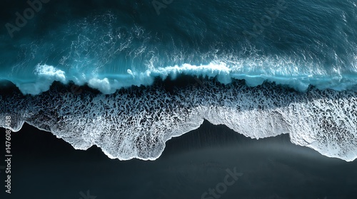Fototapeta Naklejka Na Ścianę i Meble -  Beach coastline with foamy waves on dark sand