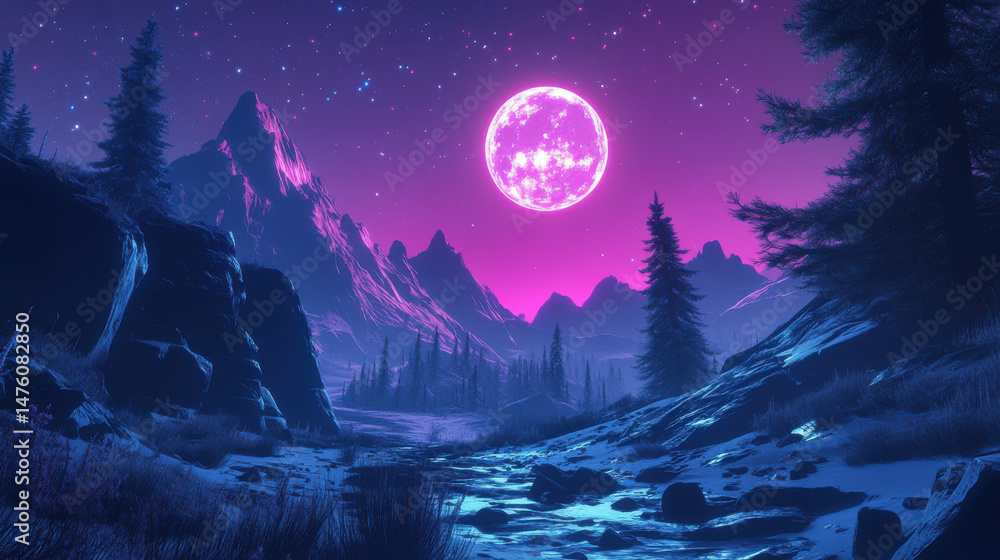 Obraz premium Pixel Art Night Landscape Purple Moonlit Mountains Winter Scene