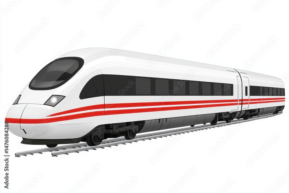 Naklejka premium Sleek White High Speed Train Illustration on Tracks Isolated on White Background Side View Transportation Concept