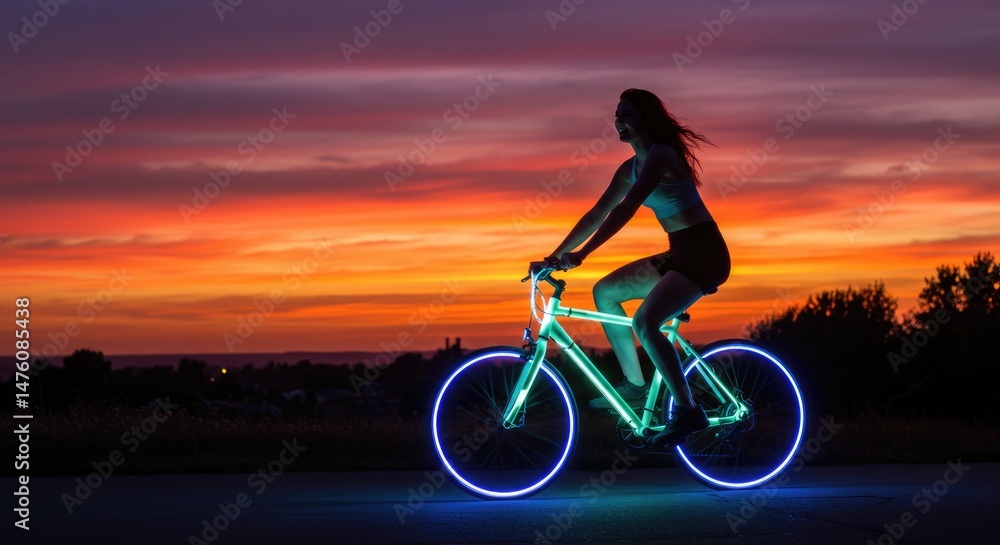 Obraz premium Woman riding illuminated bicycle at sunset with vibrant sky