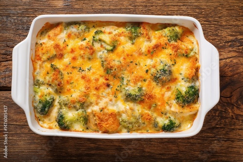 Overhead view of broccoli chicken casserole in a baking dish