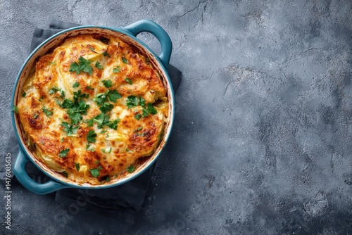 Overhead view of cheesy stuffed cabbage casserole on a gray surface with room for text