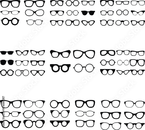 Collection of different styles spectacles are arranged symmetrically on a white surface for easy customization