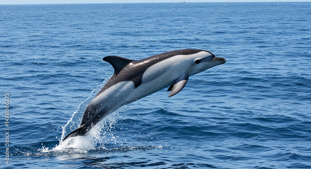 Fototapeta premium Dolphin Jumping Out of Blue Ocean Water