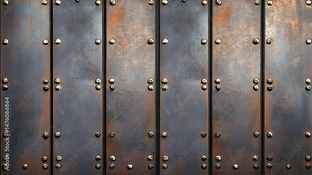 Fototapeta premium Textured metal panels with rivets, displaying rust and shades of gray.