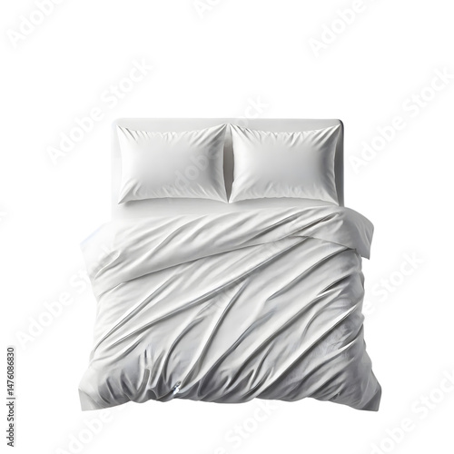 White bedding set luxurious hotel style bed sheets and pillowcases top view on transparent background