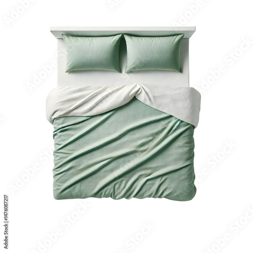 Sage green bedding set top view comfortable bed linen duvet cover and pillows on transparent background