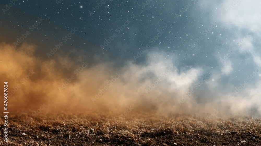 Fototapeta premium Misty Night Landscape: Starry Sky Over Brown Earth