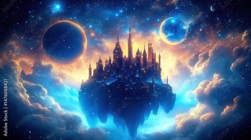 Fototapeta premium Fantasy Castle Floating on Clouds in Space