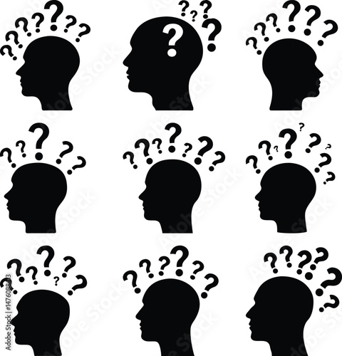 Multiple human head silhouettes are surrounded by numerous question marks symbolizing uncertainty and inquisitiveness