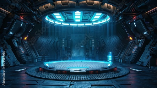 A futuristic space station podium with a blue dome and a large circular room