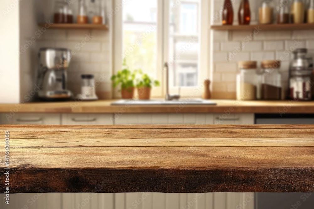 Wooden kitchen counter top, blurred background (1) Wooden kitchen counter top, blurred background (1)