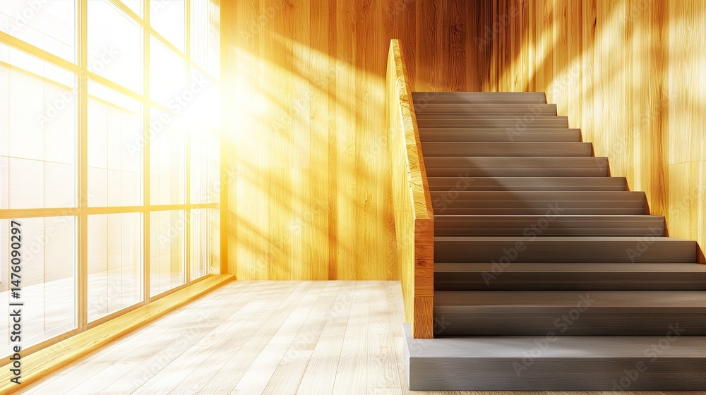 Fototapeta premium Interior wooden staircase design with sunlit windows.