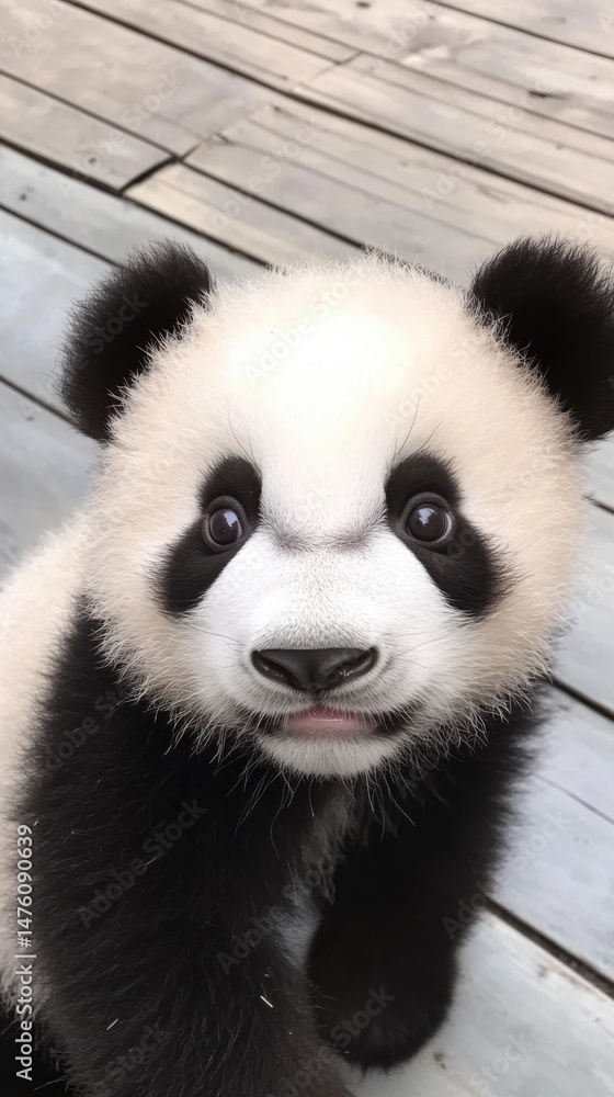 Fototapeta premium Adorable Baby Panda Portrait Close Up Cute Face on Wooden Decking Gentle Expression Candid Shot