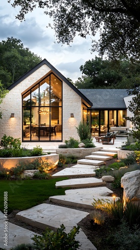 Modern home with stone path, large windows, and lush landscaping at twilight