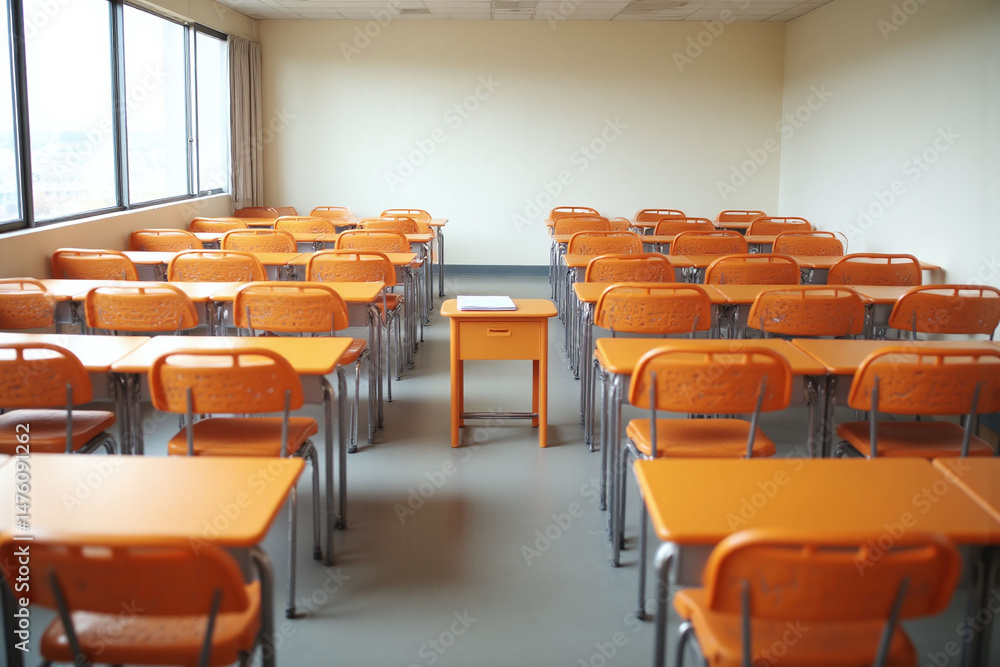 Fototapeta premium empty classroom with orange chairs and desks