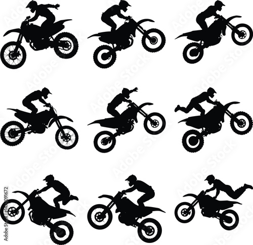 Various action silhouettes show a motorcycle rider performing stunts and tricks in various positions