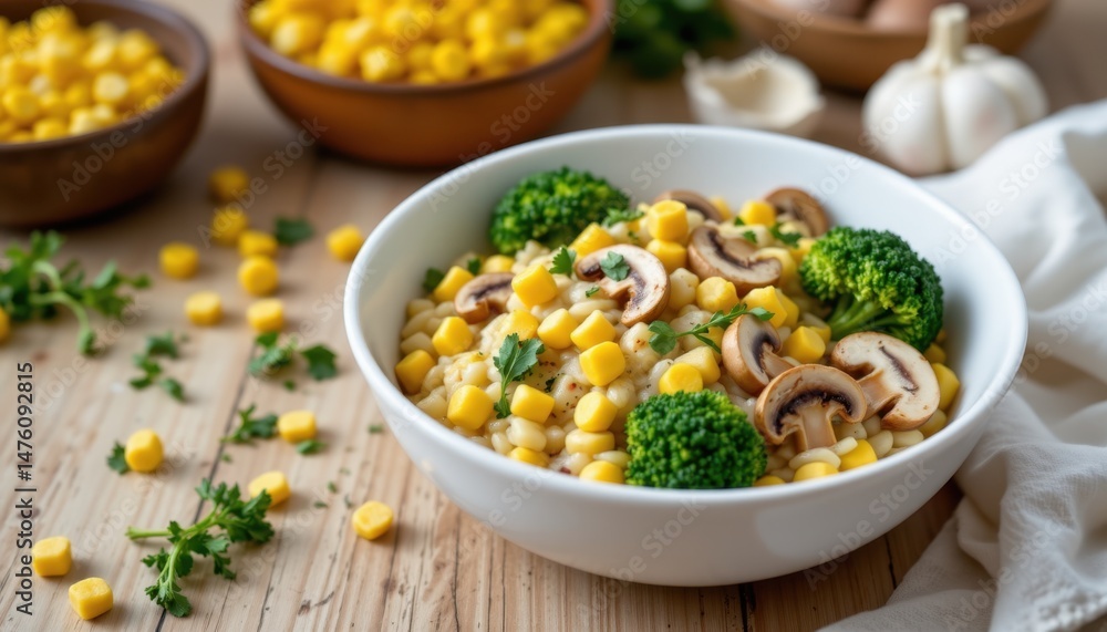 Delicious vegetable salad with corn and broccoli kitchen food photography cozy environment top view healthy eating Delicious vegetable salad with corn and broccoli kitchen food photography cozy environment top view healthy eating