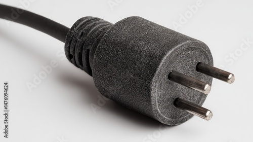 Close-up of a dark gray electrical plug with three prongs