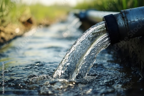 Wallpaper Mural Closeup view of water pipe discharging fresh water into field for farming and environmental irrigation needs Torontodigital.ca