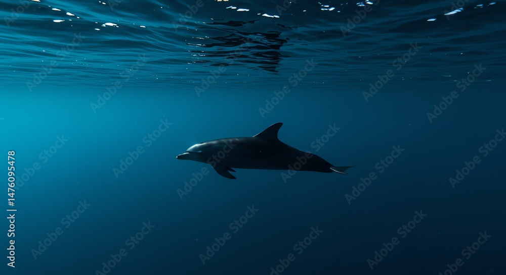 Naklejka premium Dolphin Swimming Underwater in Deep Ocean