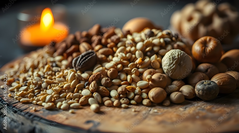 Obraz premium Close up of grains, seeds, and nuts arranged on a rustic wooden board, cinematic lighting with warm candlelight glow, film grain texture, shallow depth of field, emphasizing natural textures