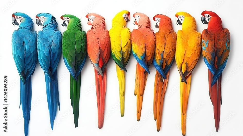 Naklejka premium Vibrant Rainbow Macaw Birds in a Row
