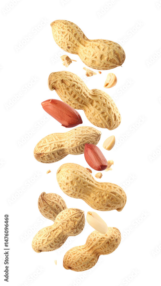 Falling Peanuts with Cracked Shells Displaying Inside Seeds Isolated on Transparent Background Close Up Falling Peanuts with Cracked Shells Displaying Inside Seeds Isolated on Transparent Background Close Up