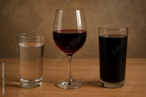 A glass of water beside untouched wine and soda glasses, representing abstemious drinking habits.