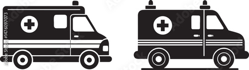 Ambulance Vehicles Vector Graphic: Emergency Medical Transport Illustration, Black and White Clip Art, Healthcare Symbol, Isolated Design