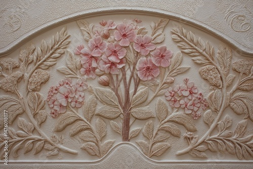 Ornate floral carving in pastel colors on a furniture piece.